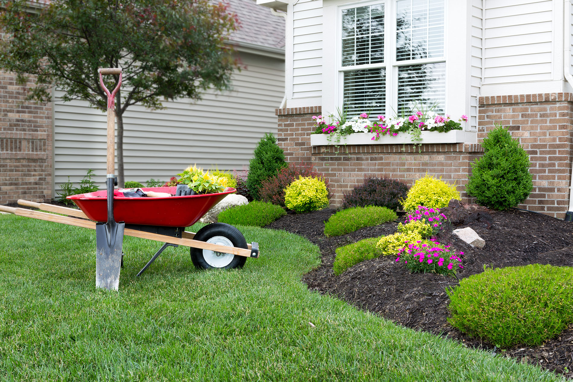 A wheelbarrow in front of a house
