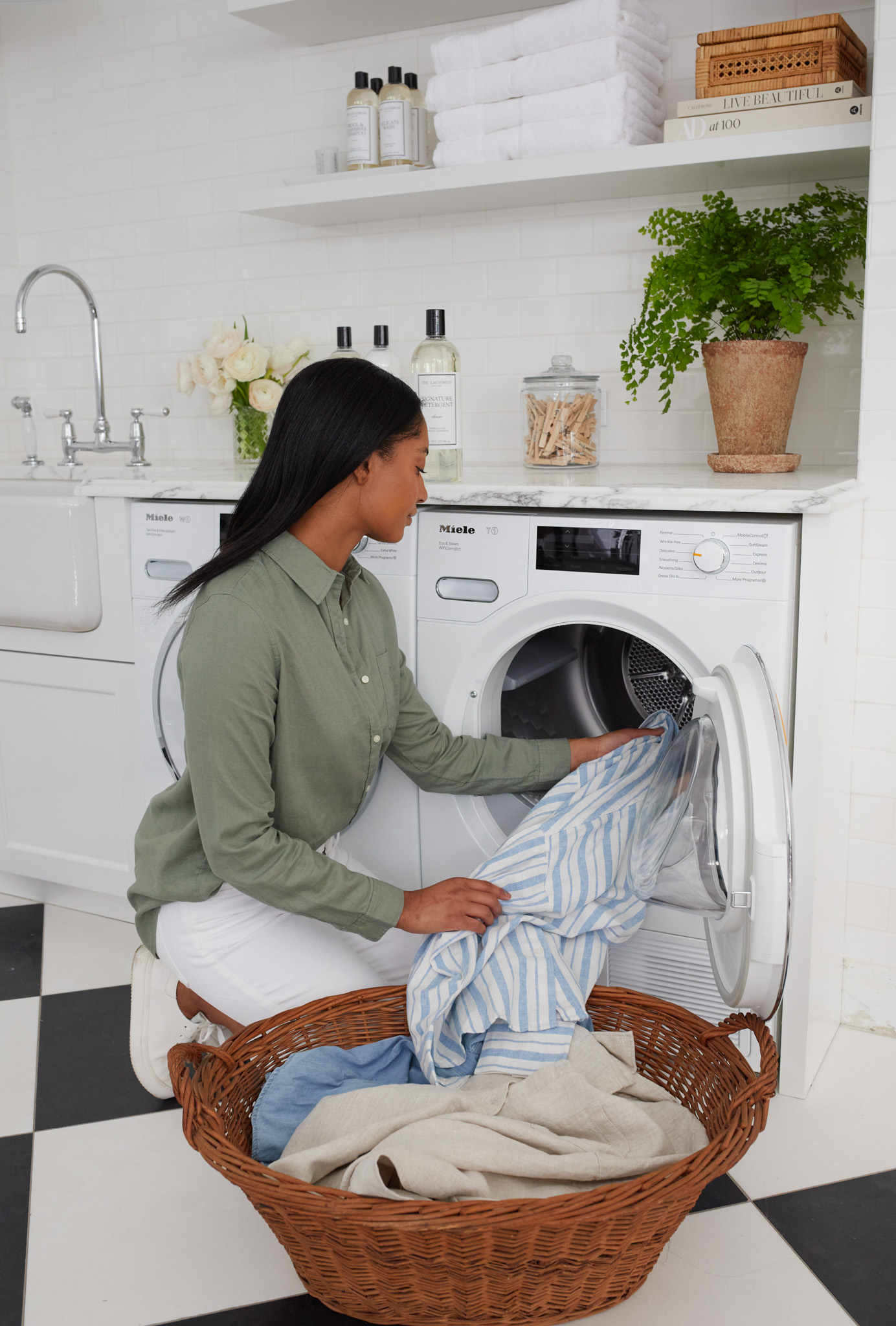 placing linen shirt in dryer